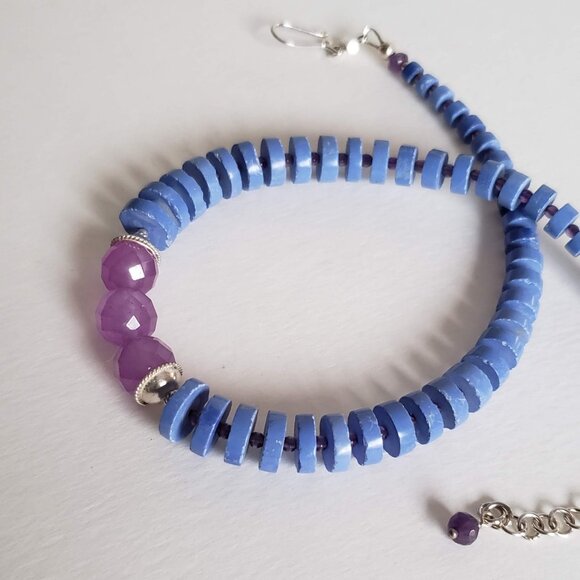 Sterling Silver MAGNESITE AMETHYST CHALCEDONY Necklace Heishi Choker Adjustable - Picture 14 of 16